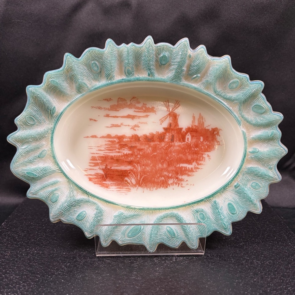 Antique Uranium Milk Glass Oval Bowl Peacock Feather Windmill Dutch Landscape